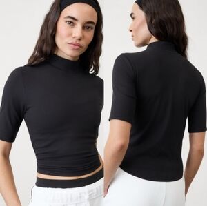 Athleta Women's Signature Rib Mock Neck Elbow Sleeve Tee In Black Size M